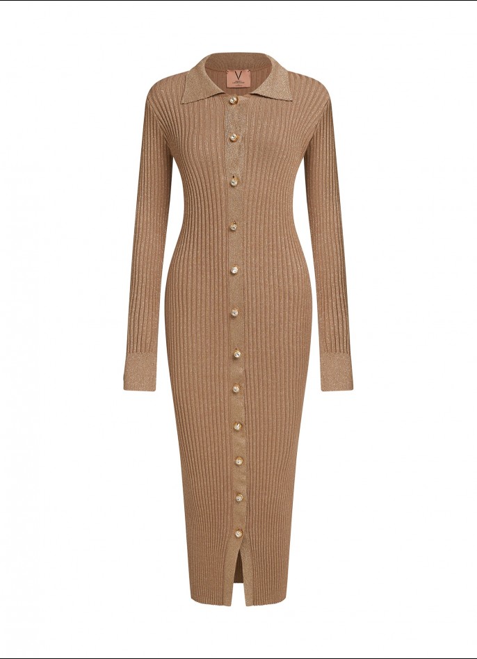 RIBBED KNIT LONG-SLEEVE SHIRT DRESS WITH DIAMANTÉ BUTTONS - GOLD